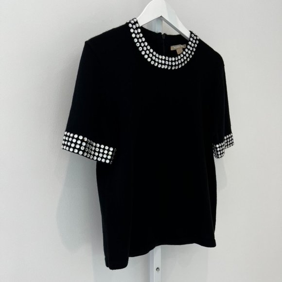 MICHAEL KORS BLACK SHORT SLEEVE CASHMERE CRYSTAL SWEATER SIZE L - Picture 7 of 15